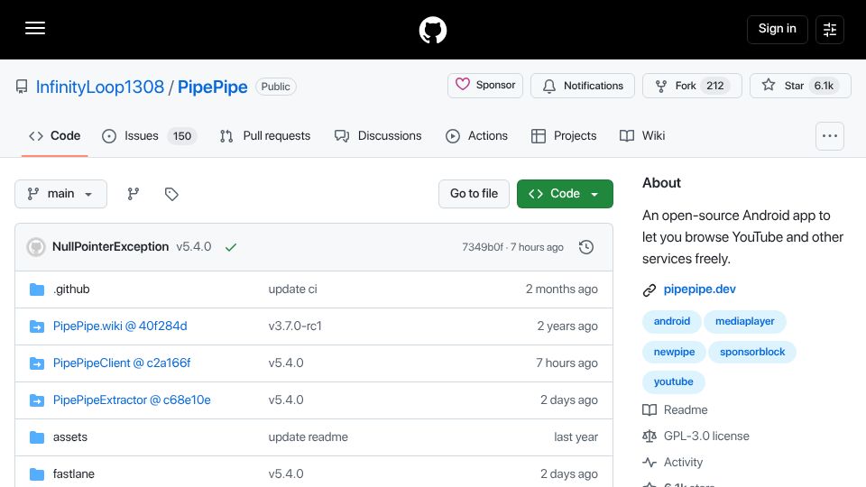 Screenshot of github.com: PipePipe: NewPipe hard fork implementing SponsorBlock