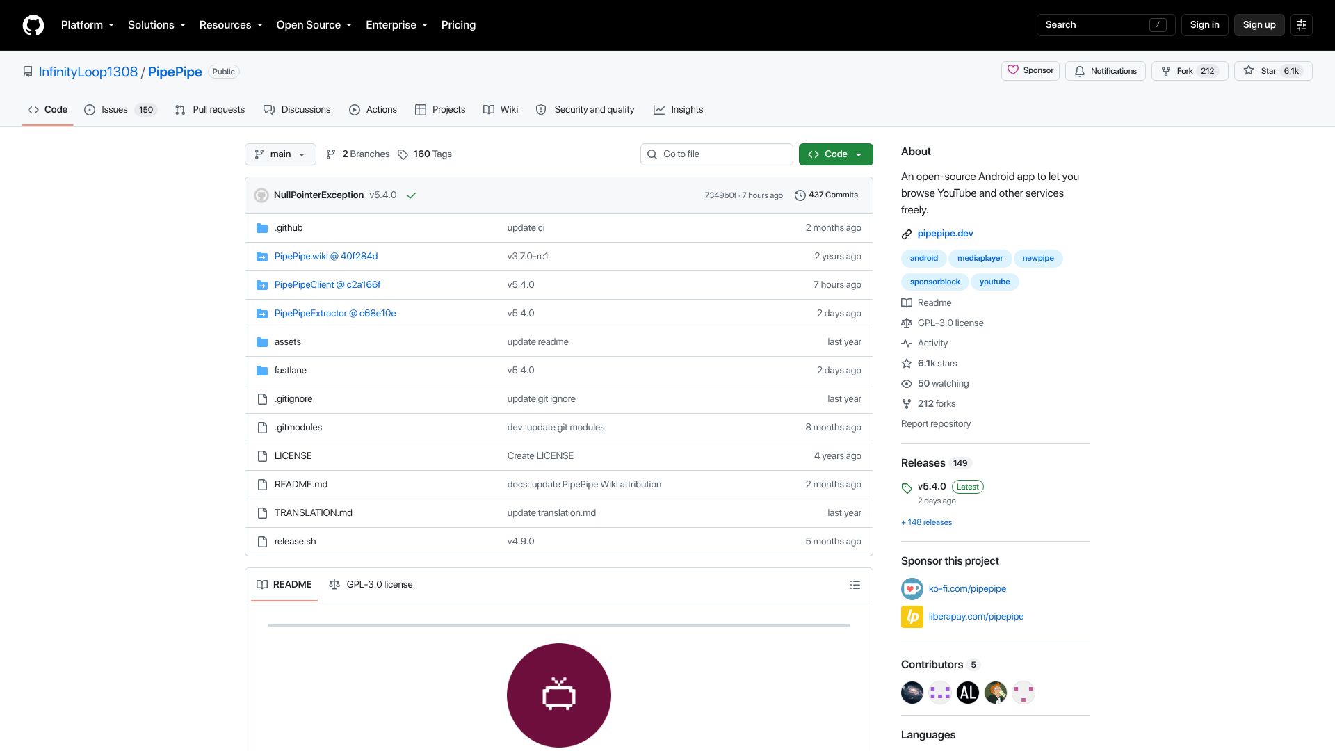 Screenshot of github.com: PipePipe: NewPipe hard fork implementing SponsorBlock