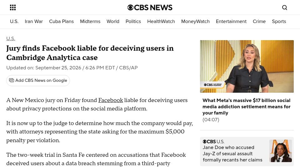 Screenshot of cbsnews.com: Jury finds Facebook liable for deceiving users in Cambridge Analytica case