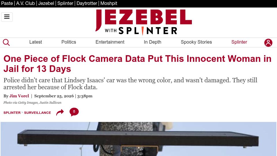 Screenshot of jezebel.com: One Piece of Flock Camera Data Put This Innocent Woman in Jail for 13 Days