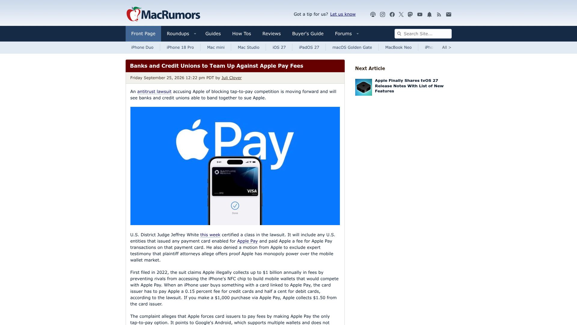 Screenshot of macrumors.com: Banks and Credit Unions to Team Up Against Apple Pay Fees