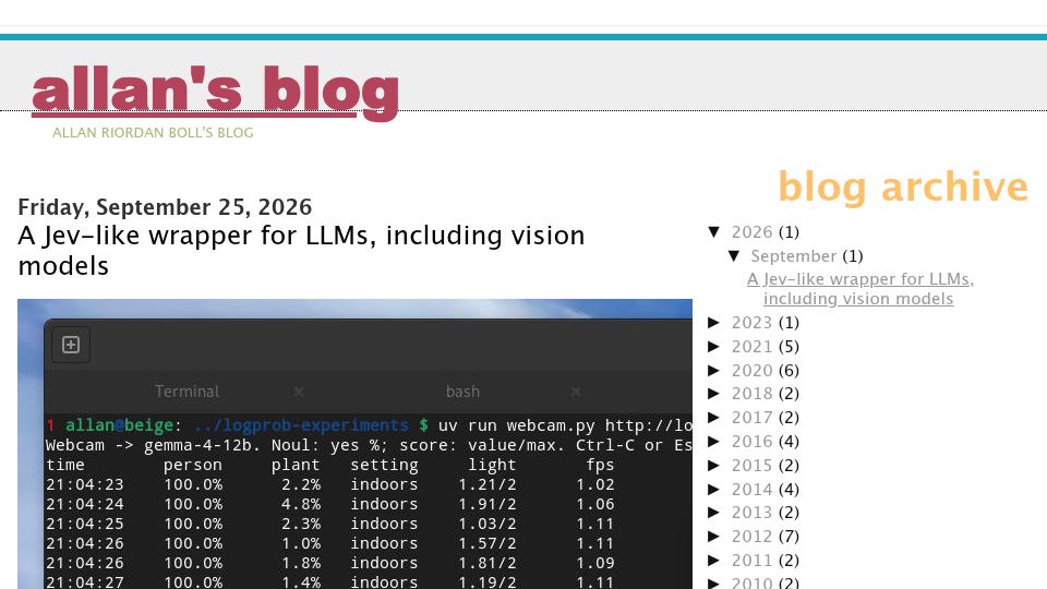Screenshot of allanrbo.blogspot.com: A single function Jev-like wrapper for LLMs, including vision models