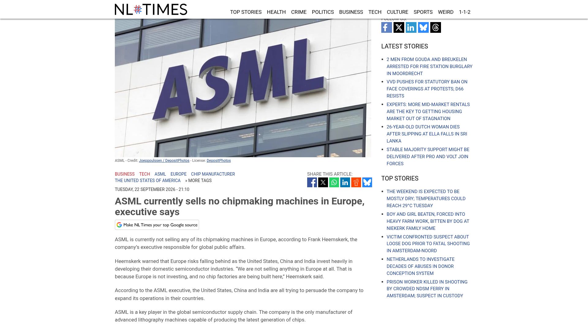 Screenshot of nltimes.nl: ASML currently sells no chipmaking machines in Europe, executive says