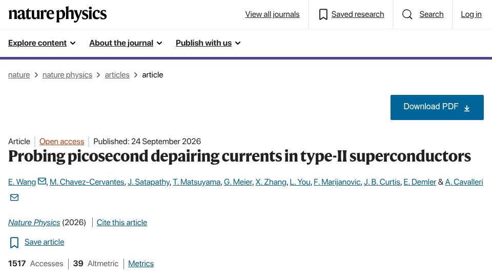 Screenshot of nature.com: Probing picosecond depairing currents in type-II superconductors