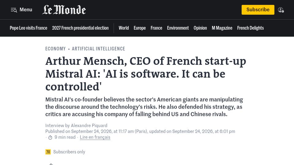 Screenshot of lemonde.fr: CEO of Mistral: AI is software. It can be controlled