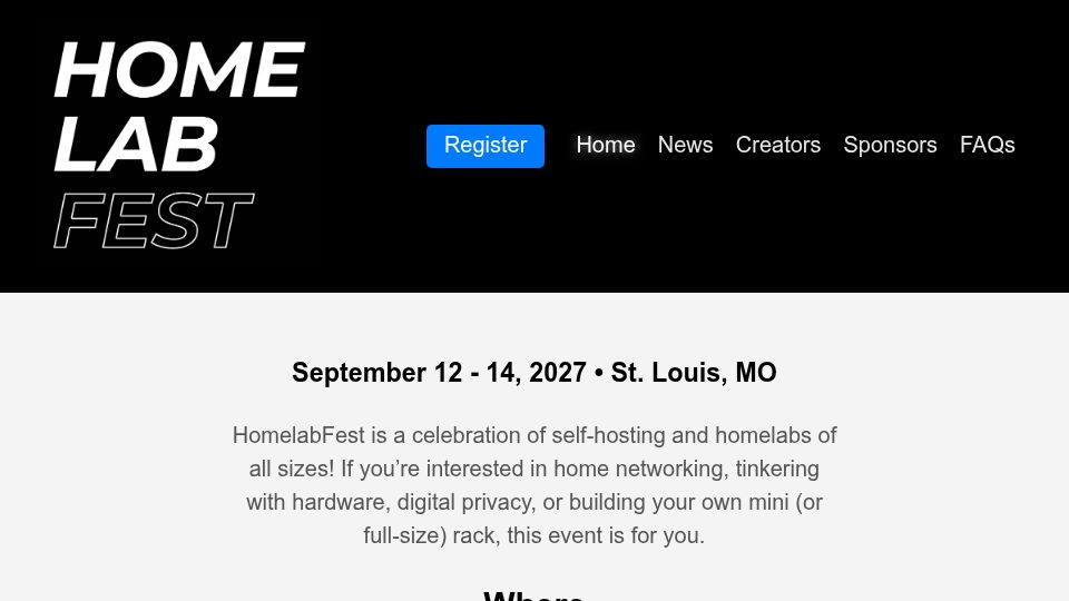 Screenshot of homelabfest.org: HomelabFest will be in St. Louis in September 2027