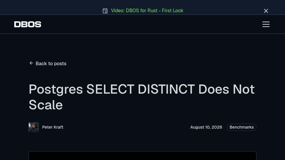 Screenshot of dbos.dev: Postgres SELECT DISTINCT Does Not Scale