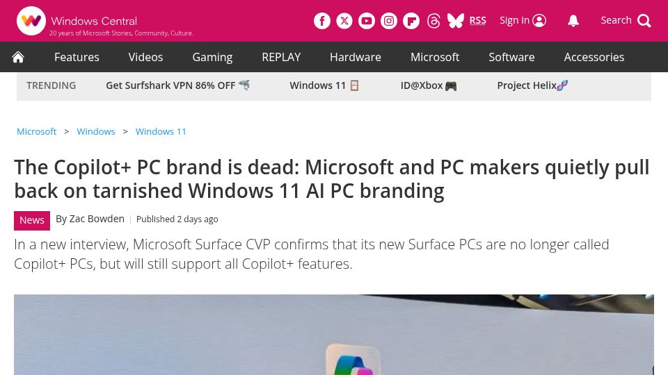 Screenshot of windowscentral.com: The Copilot+ PC brand is dead