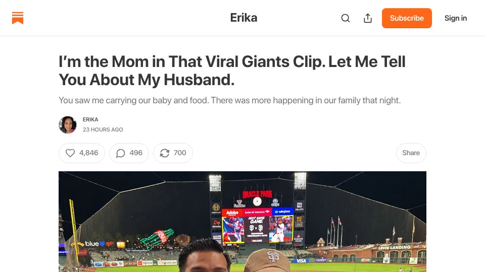Screenshot of themomoftheyear.substack.com: I'm the mom in that viral Giants clip. Let me tell you about my husband