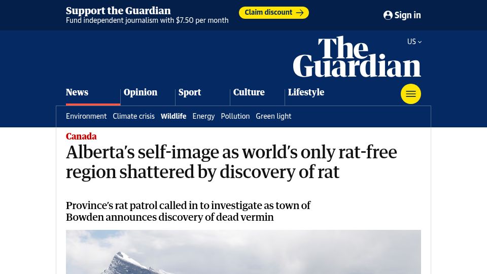 Screenshot of theguardian.com: Alberta's image as world's only rat-free region shattered by discovery of rat