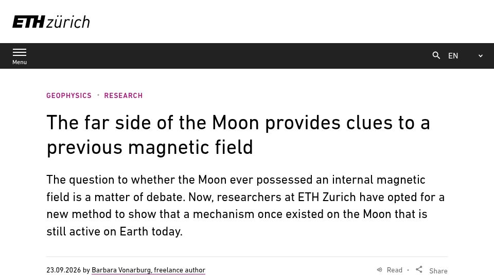 Screenshot of ethz.ch: The far side of the Moon provides clues to a previous magnetic field