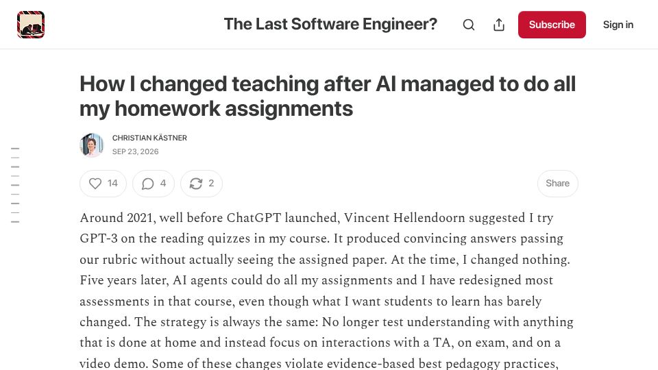 Screenshot of thelastsoftwareengineer.substack.com: How I changed teaching after AI managed to do all my homework assignments
