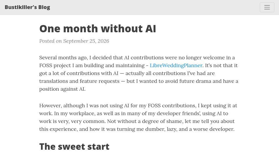 Screenshot of blog.bustikiller.com: One Month Without AI