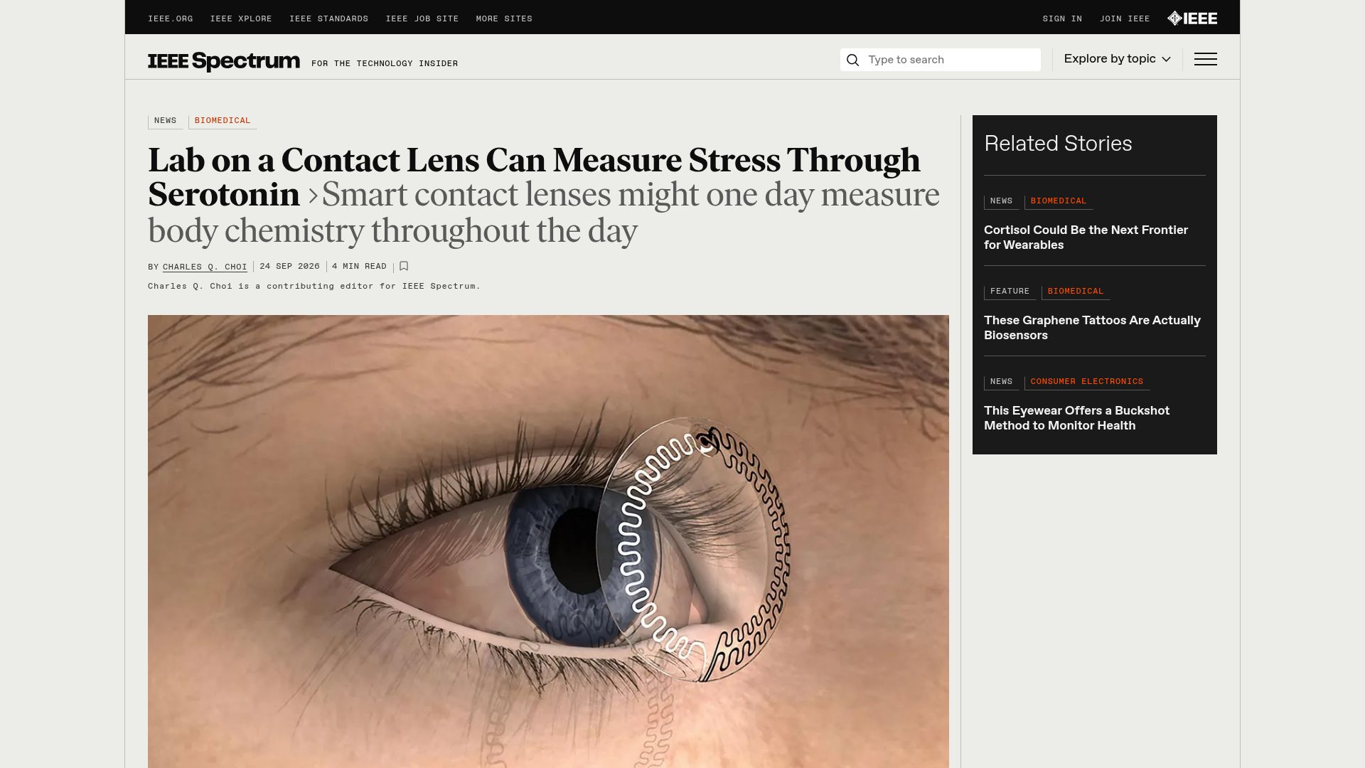 Screenshot of spectrum.ieee.org: Lab on a Contact Lens Can Measure Stress Through Serotonin