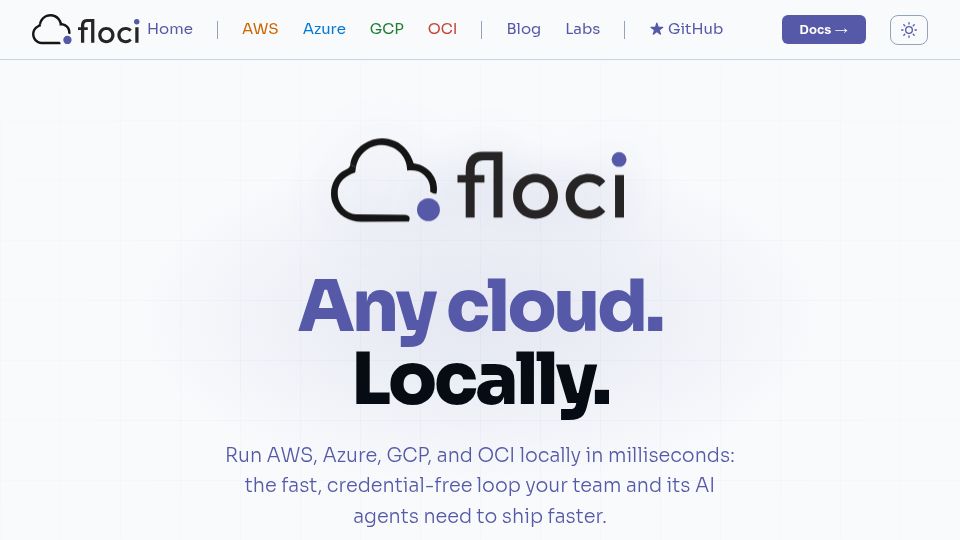 Screenshot of floci.io: Floci: Locally emulating any cloud service