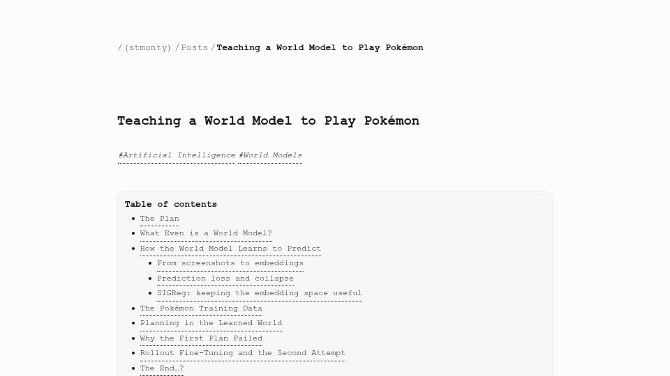 Screenshot of nostalgia.dev: Teaching a World Model to Play Pokemon