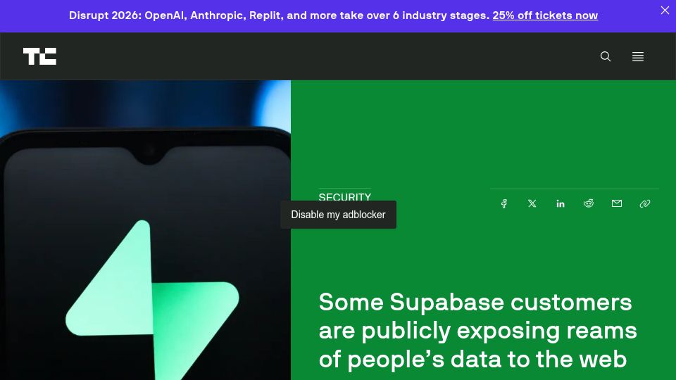 Screenshot of techcrunch.com: Some Supabase customers are publicly exposing reams of people's data to the web