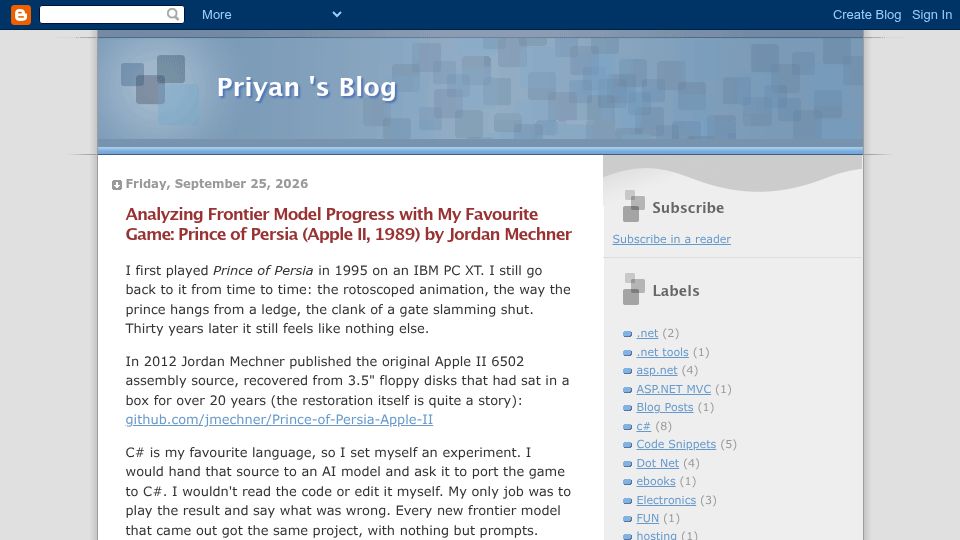 Screenshot of blog.priyan.in: Analyzing Frontier Model Progress with My Favourite Game: Prince of Persia