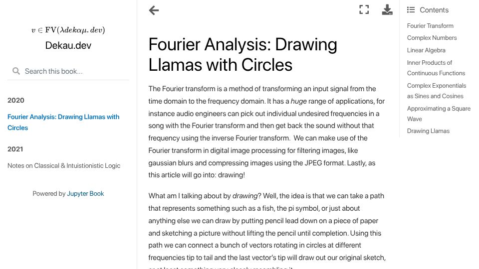 Screenshot of adekau.github.io: Fourier Analysis: Drawing Llamas with Circles