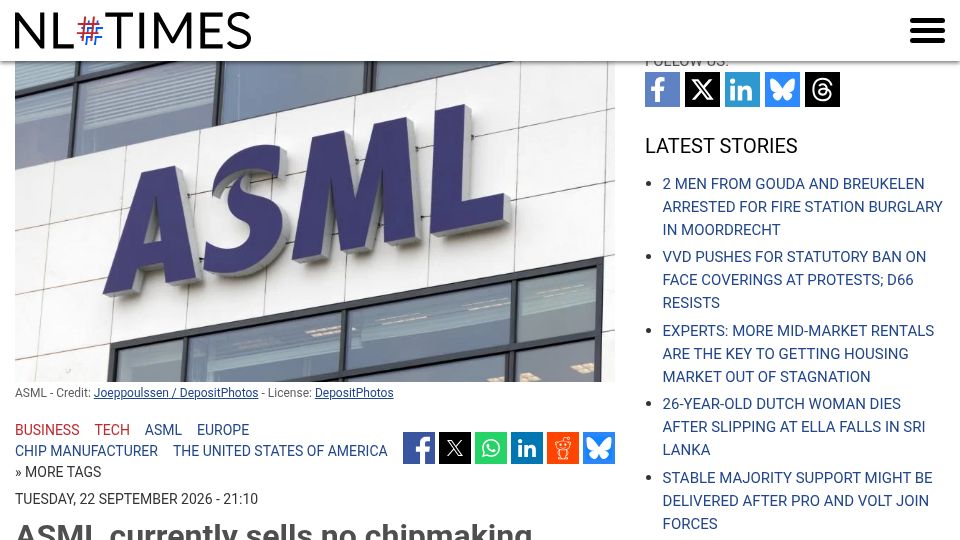Screenshot of nltimes.nl: ASML currently sells no chipmaking machines in Europe, executive says