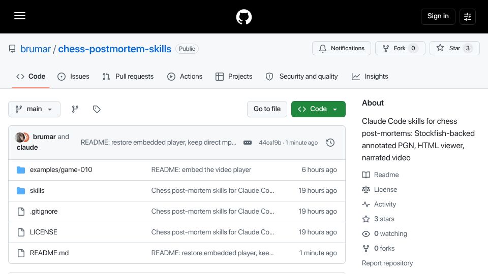 Screenshot of github.com: Show HN: A Claude Code skill to analyze your chess games