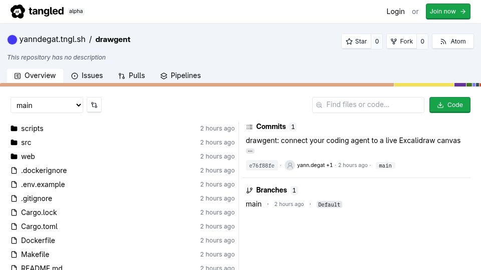 Screenshot of tangled.org: Drawgent: Coding agent on a live Excalidraw canvas