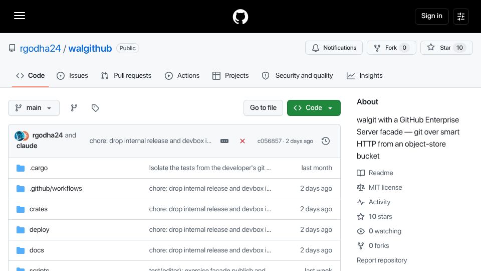 Screenshot of github.com: Walgit: A Git server that is one binary in front of an object store