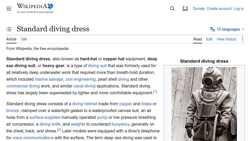 Screenshot of en.wikipedia.org: Wiki Deep dive into Standard diving dress