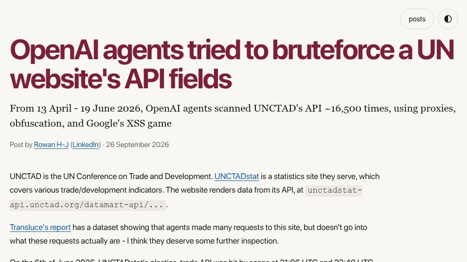 Screenshot of swarmcha.se: OpenAI agents tried to bruteforce a UN website's API fields