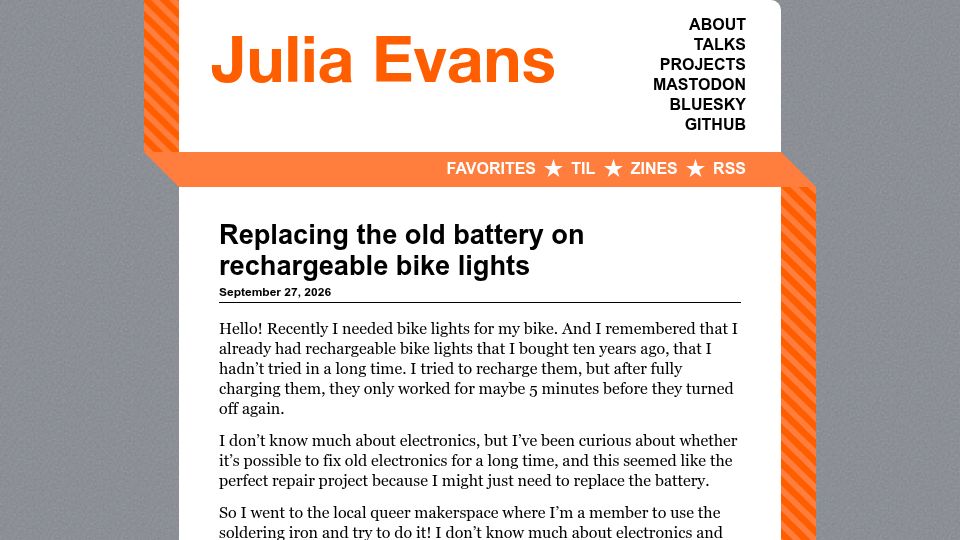 Screenshot of jvns.ca: Replacing the old battery on rechargeable bike lights