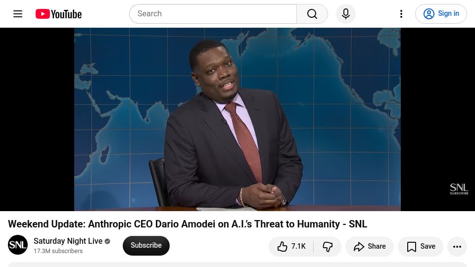 Screenshot of youtube.com: SNL Weekend Update: Anthropic CEO Dario Amodei on A.I.'S Threat to Humanity [video]
