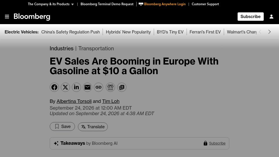 Screenshot of bloomberg.com: EV Sales Are Booming in Europe with Gasoline at $10 a Gallon