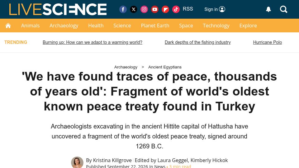 Screenshot of livescience.com: Fragment of oldest known peace treaty found in Turkey