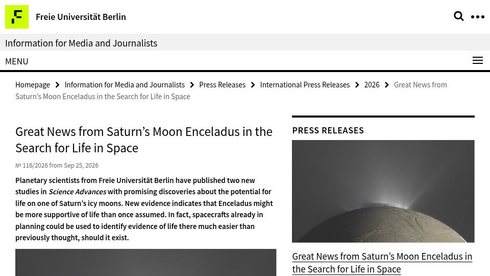 Screenshot of fu-berlin.de: Promising discoveries about the potential for life on one of Saturn’s icy moons