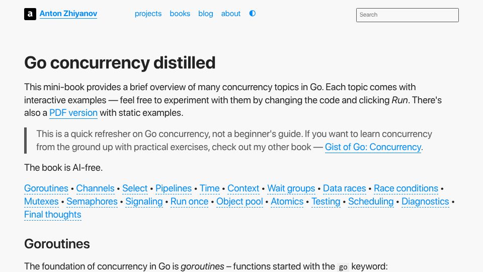 Screenshot of antonz.org: Go Concurrency Distilled