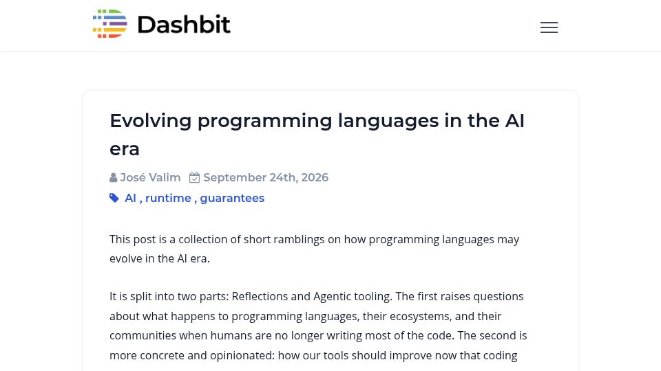 Screenshot of dashbit.co: Evolving programming languages in the AI era