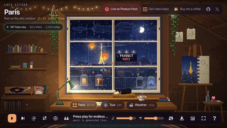 Screenshot of loficities.com: Show HN: Lofi Cities – Pixel-art city nights with browser-generated lofi