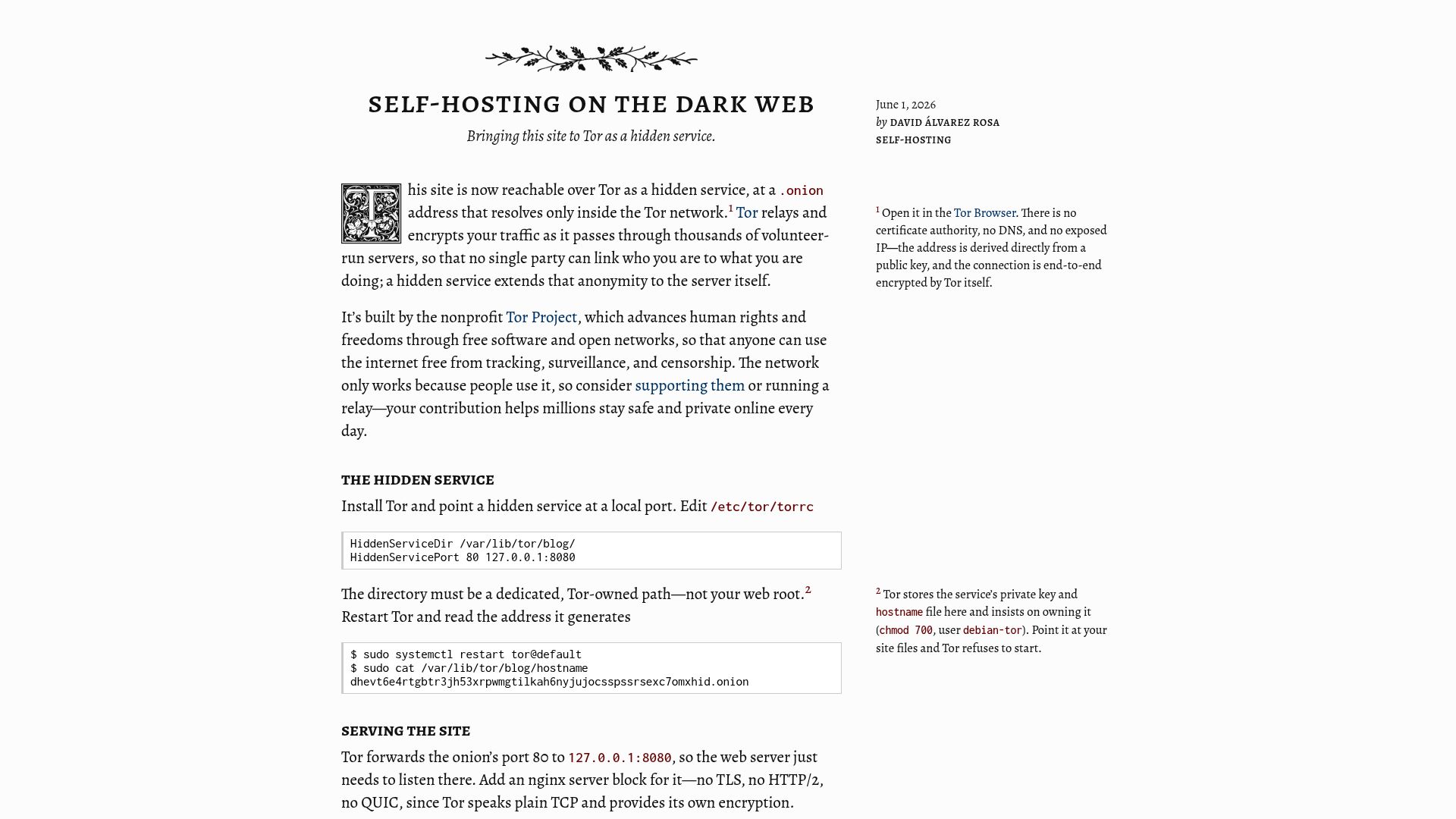 Screenshot of david.alvarezrosa.com: Self-Hosting on the Dark Web