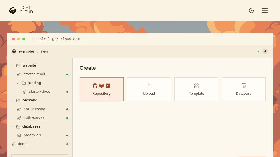 Screenshot of light-cloud.com: Show HN: LightCloud – A cloud console organised like file system