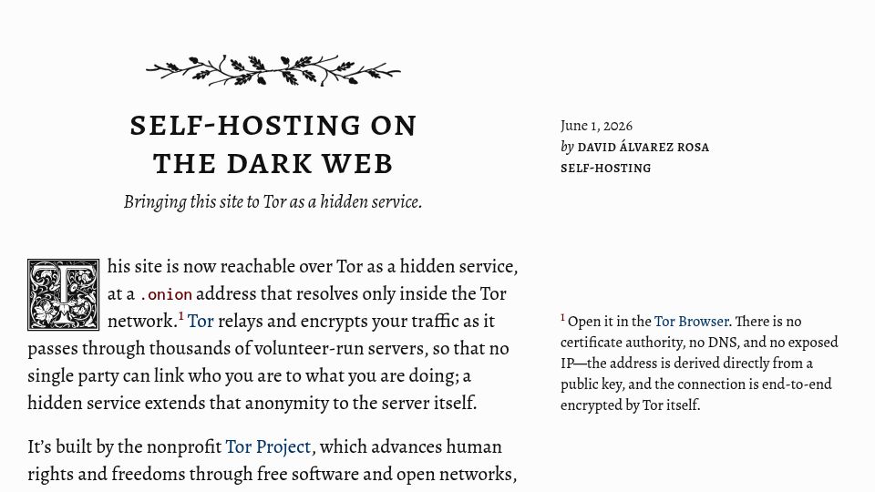 Screenshot of david.alvarezrosa.com: Self-Hosting on the Dark Web