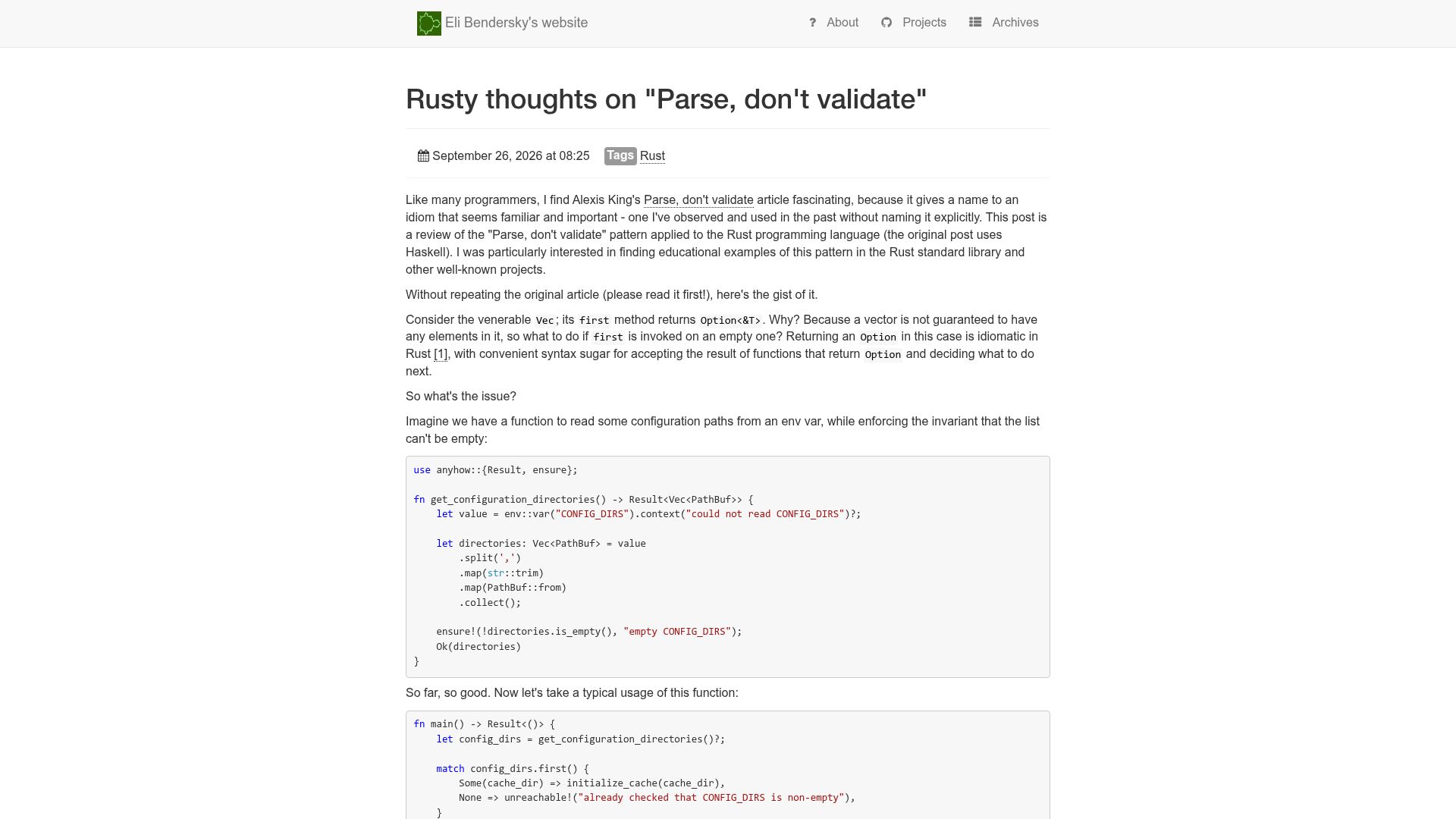 Screenshot of eli.thegreenplace.net: Rusty thoughts on "Parse, don't validate"