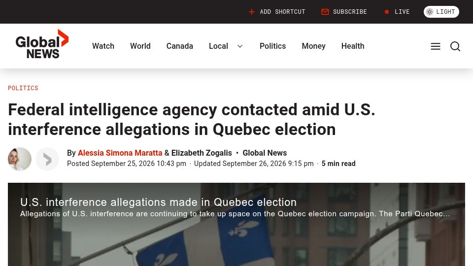 Screenshot of globalnews.ca: Allegations of US interference in Quebec election