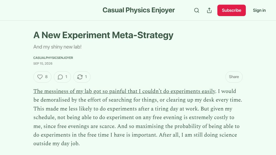 Screenshot of chillphysicsenjoyer.substack.com: A New Experiment Meta-Strategy