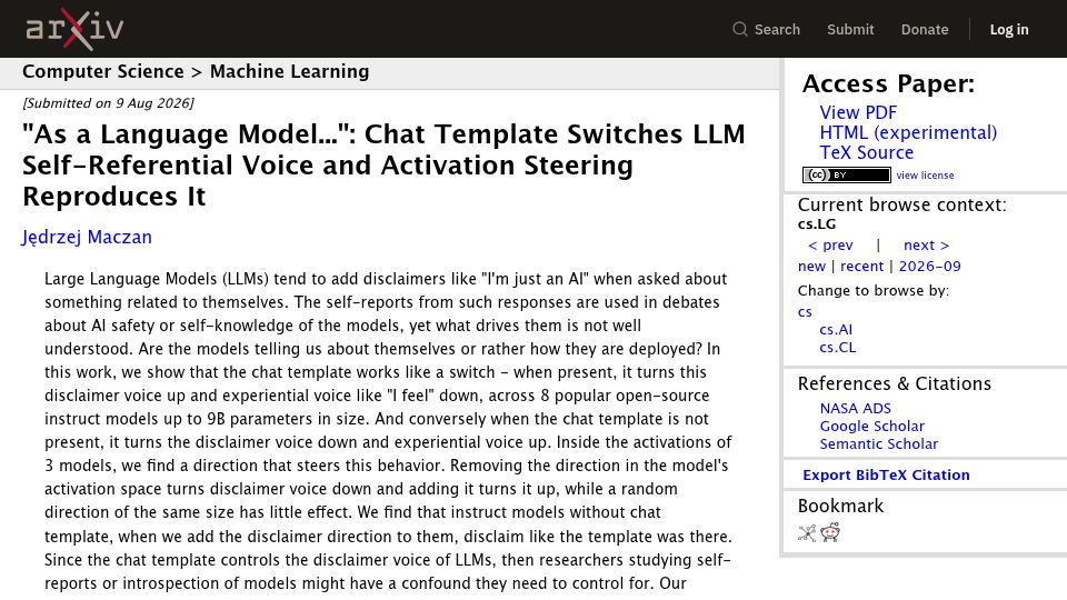 Screenshot of arxiv.org: "As a Language Model": Chat Template Switches LLM Self-Referential Voice