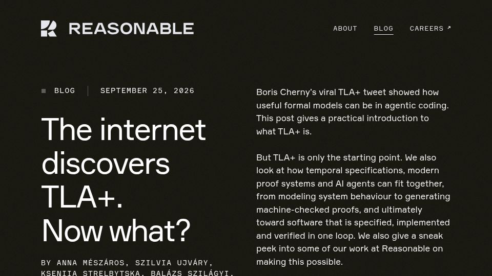 Screenshot of reasonable.io: The internet discovers TLA+. Now what?