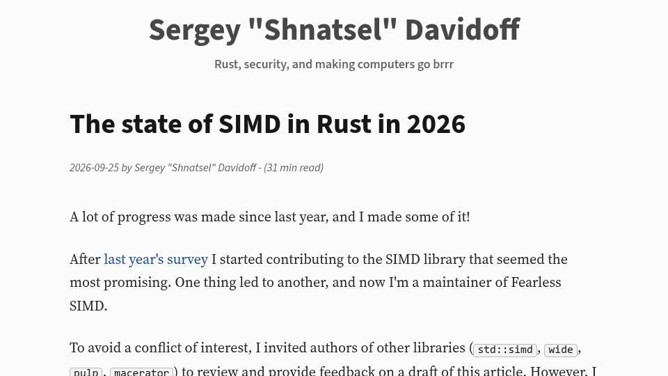 Screenshot of shnatsel.github.io: The state of SIMD in Rust in 2026