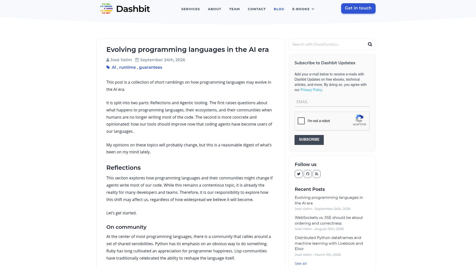 Screenshot of dashbit.co: Evolving programming languages in the AI era