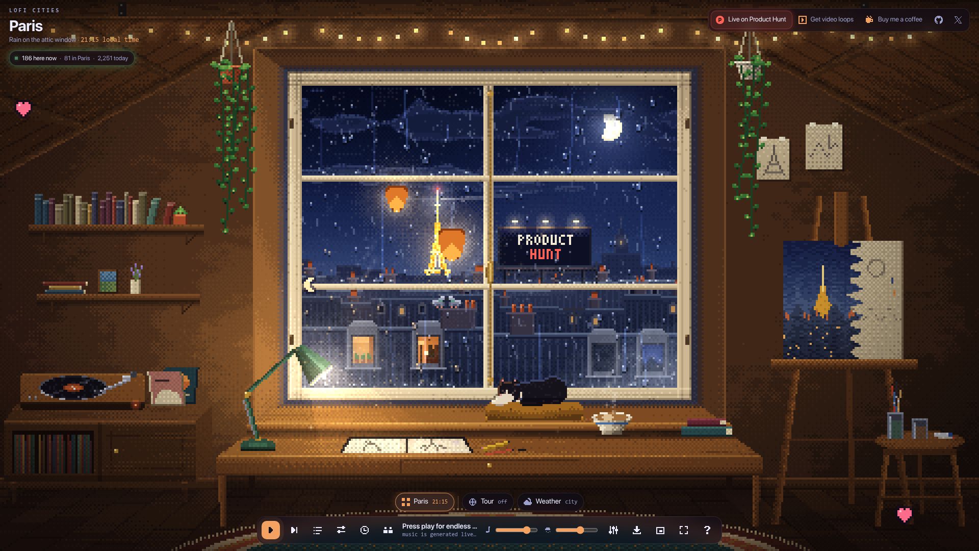 Screenshot of loficities.com: Show HN: Lofi Cities – Pixel-art city nights with browser-generated lofi