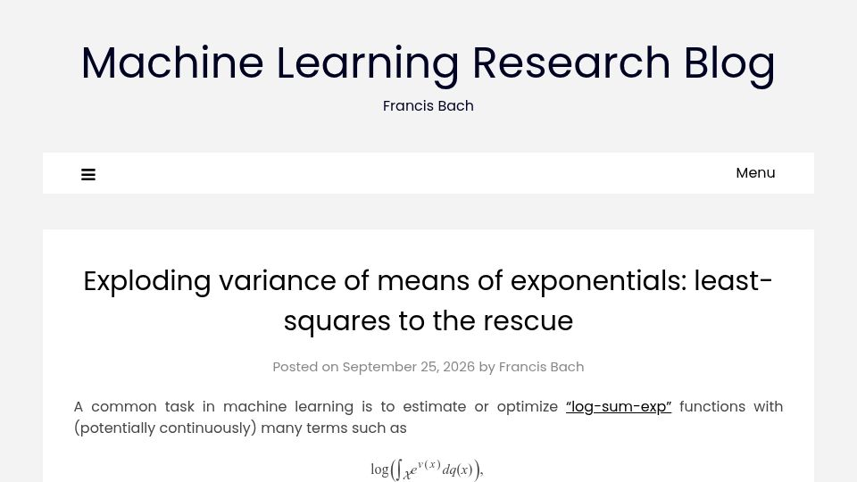 Screenshot of francisbach.com: Exploding variance of means of exponentials: least-squares to the rescue