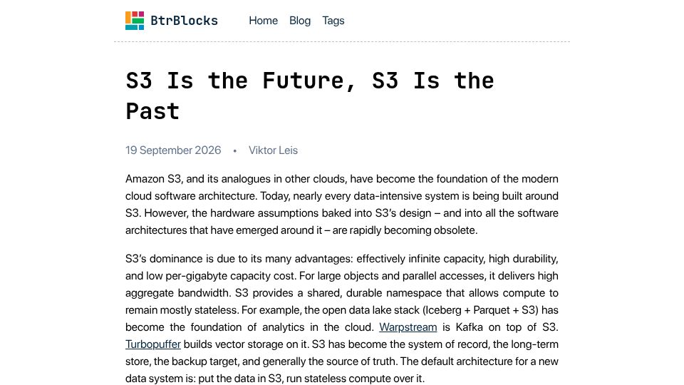 Screenshot of btrblocks.com: S3 Is the Future, S3 Is the Past